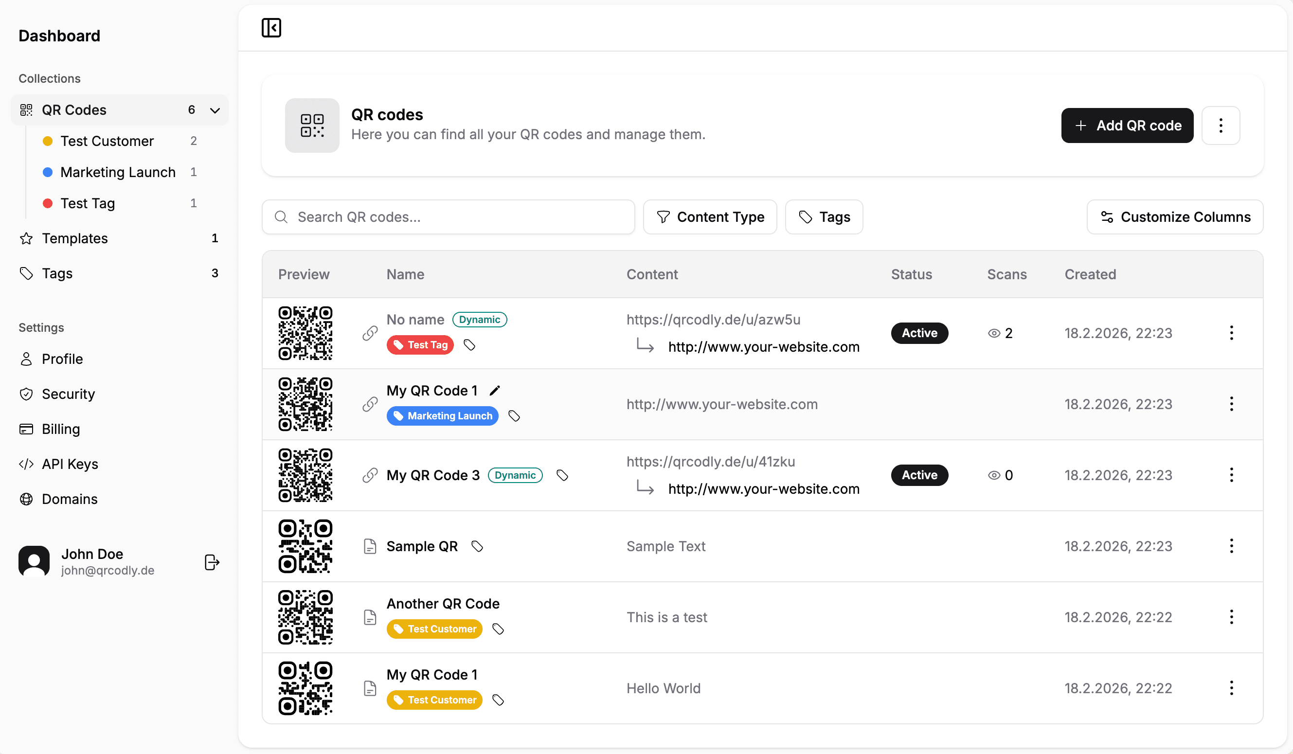 Ekutu QR Dashboard showing QR code management interface